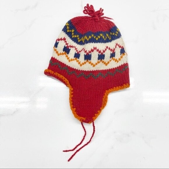 Pure Wool Hand Knitted Red Multicolored Ear Flaps Winter Hat Toboggan Beanie - Picture 2 of 5
